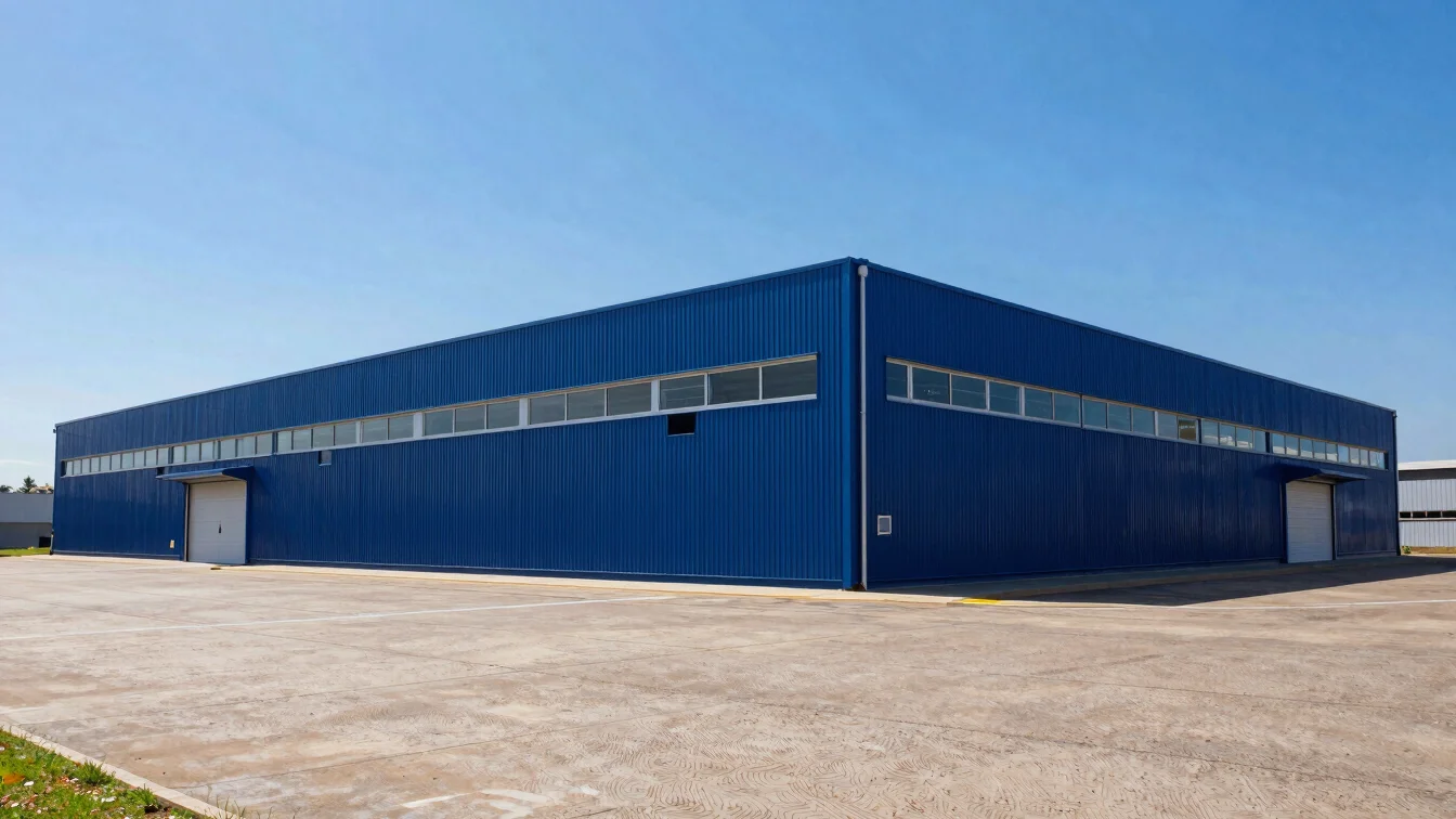 Wide shot of a modern logistics center in Port-au-Prince, bright midday natural sunlight, deep saturated blues and earth