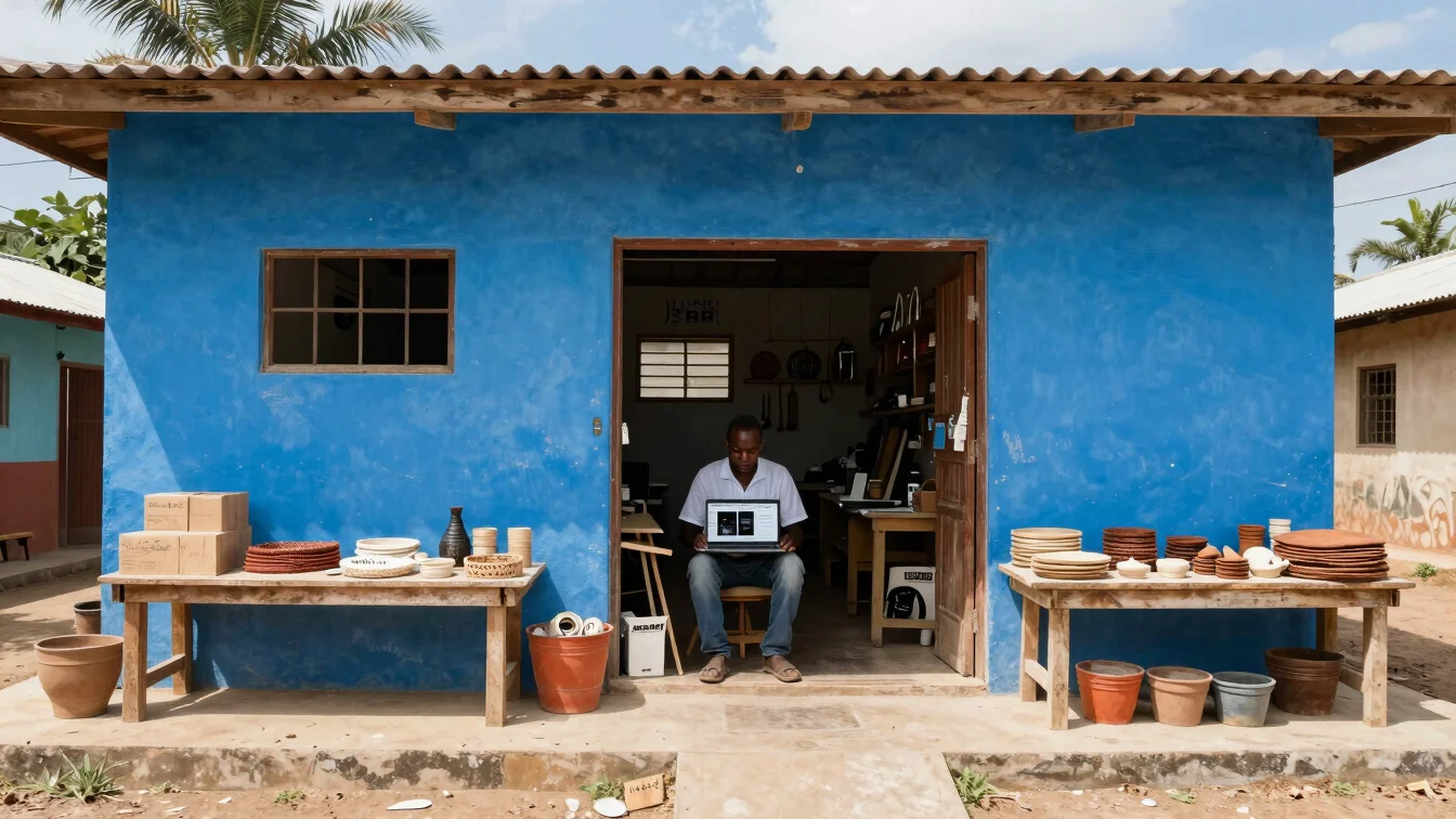 A wide shot of an artisan workshop in Haiti, showcasing handcrafted goods, with a business owner reviewing a digital por