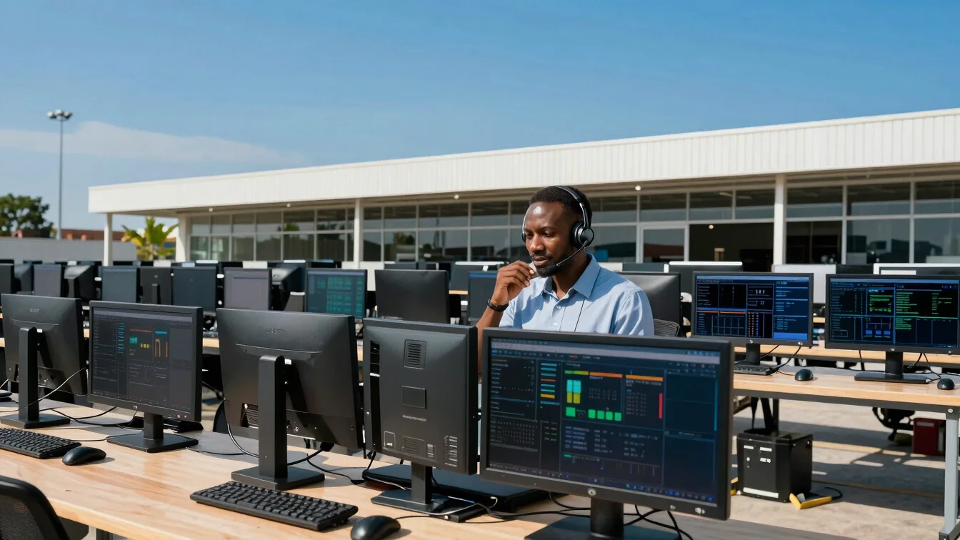A modern logistics center in Port-au-Prince, with a professional communicating on a headset, surrounded by structured da