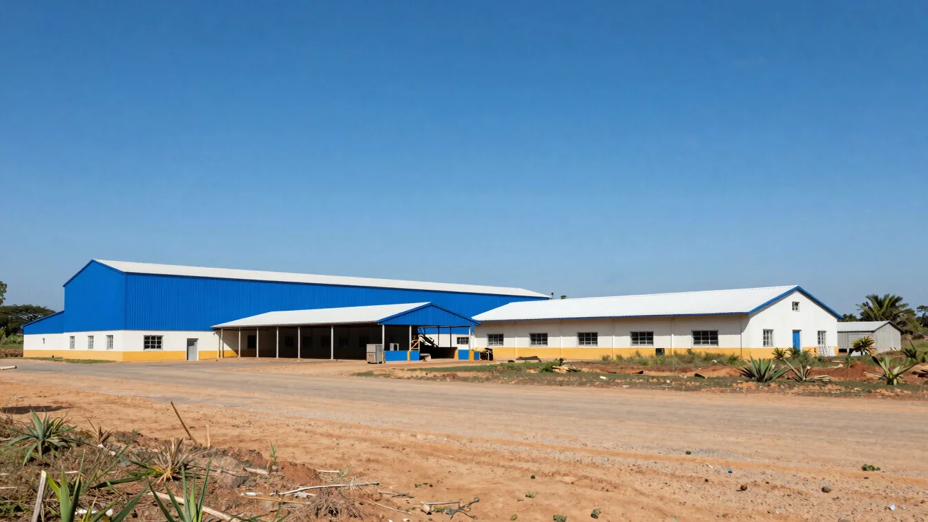 Panoramic view of an agricultural processing facility in Haiti, bright midday natural sunlight, deep saturated blues and