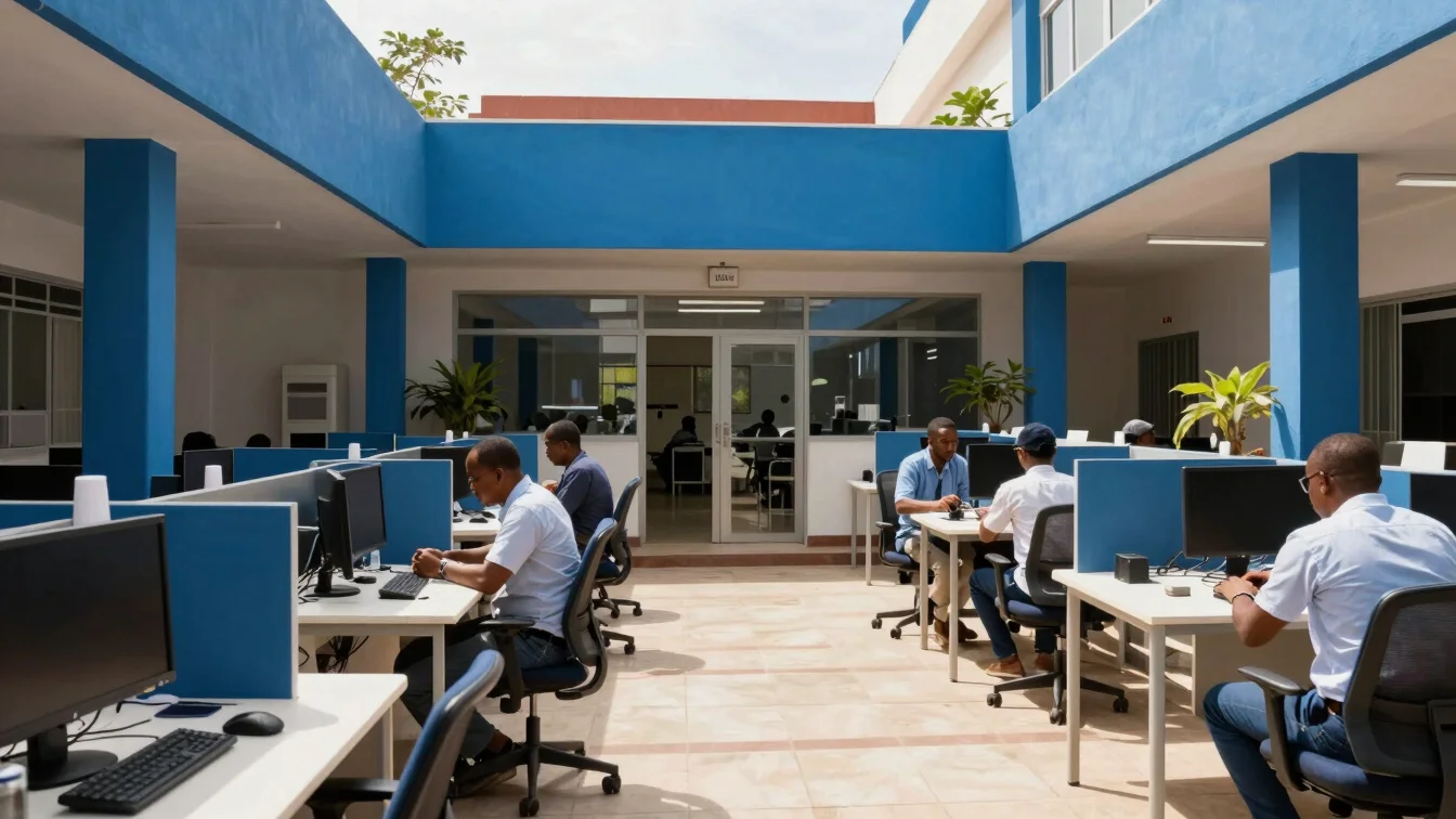 Interior shot of a vibrant tech hub in Port-au-Prince, working professionals, bright midday natural sunlight, deep satur