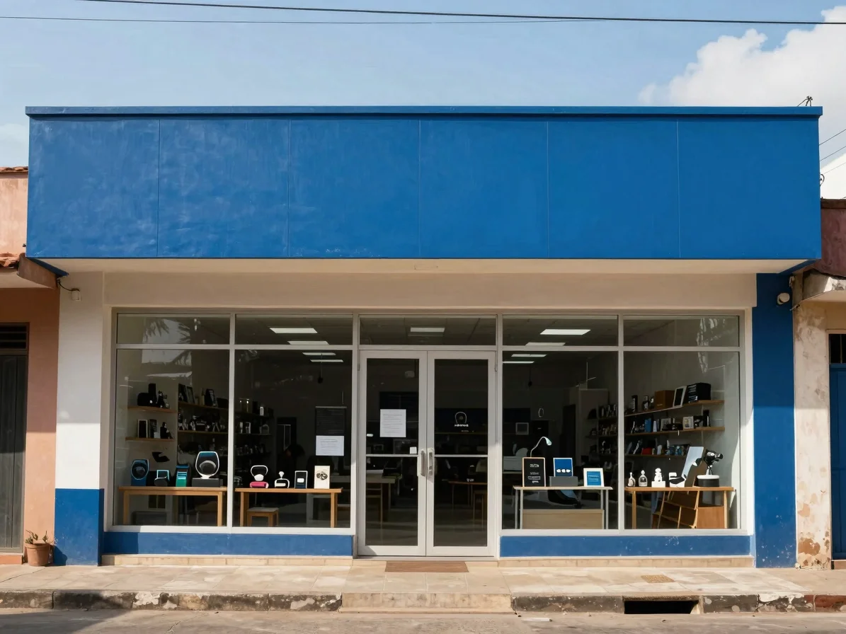 Medium shot of a professional storefront in Port-au-Prince, activ
