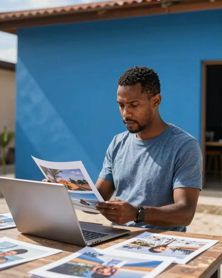 A Haitian business owner carefully selecting high-resolution imag