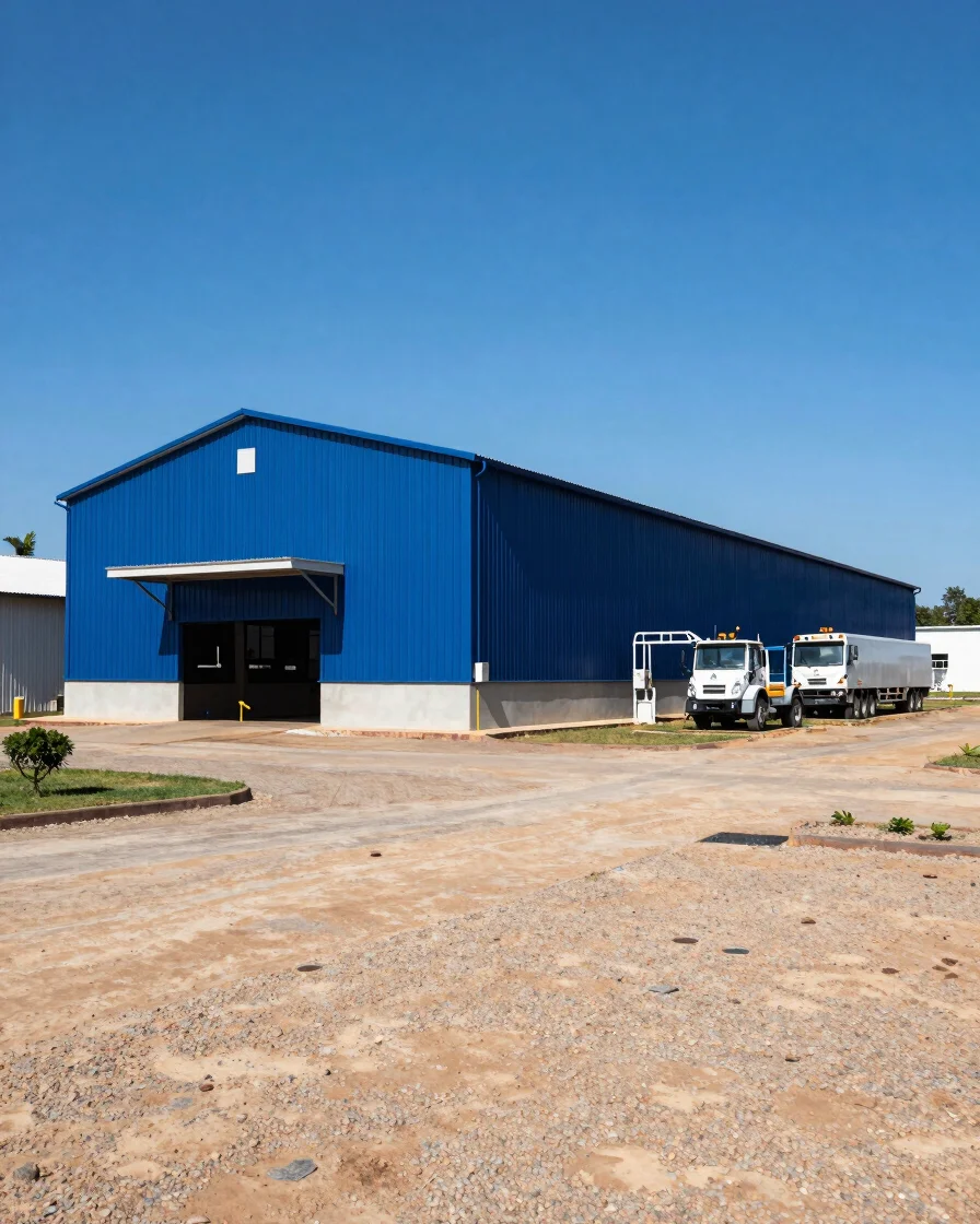 Wide shot of a modern agricultural processing facility in Haiti,
