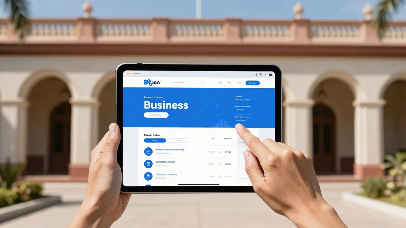 A professional hand using a tablet to update a business profile on a clean, modern interface, with Haitian architectural